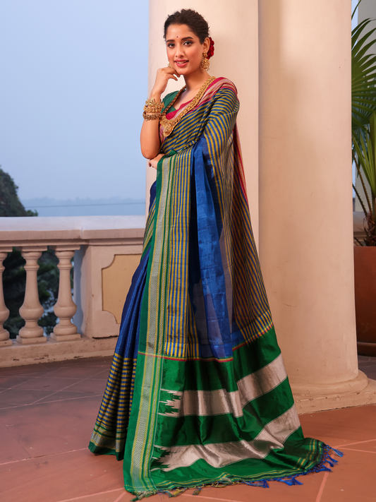 Pure Ilkal Saree in Blue and Green Pallu - 001