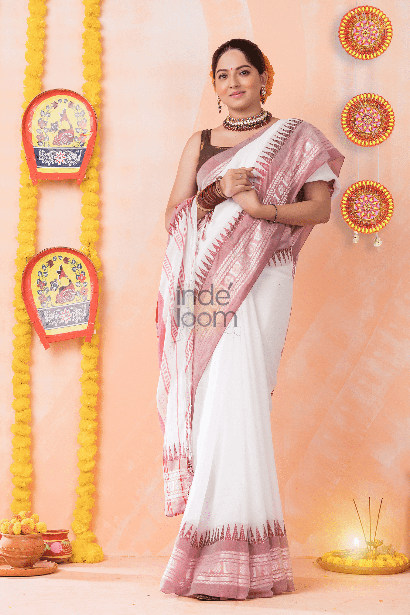 Durga Puja Saree in Plain White with Red border.-031 - indeloom
