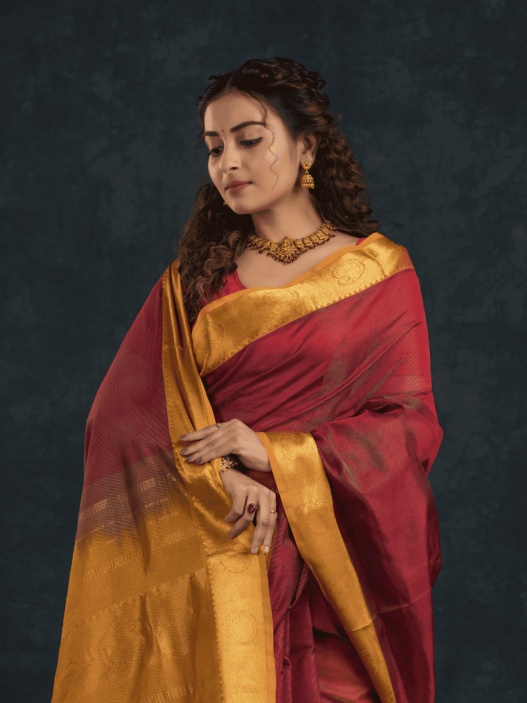Pure handloom Korvai Silk Cotton Saree in Chilli Red and Golden Yellow Border- 023