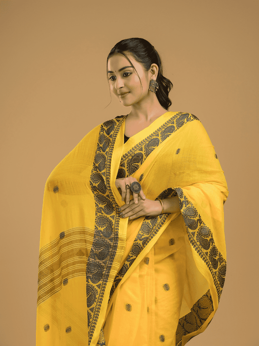 Bright Yellow Jamdani Saree - 035 - indeloom