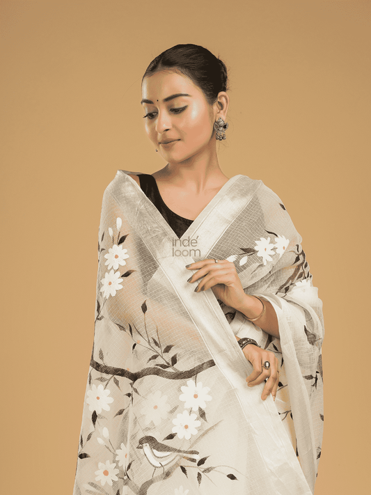 Kota Doria Handpainted Saree With Pearl White - 007 - indeloom