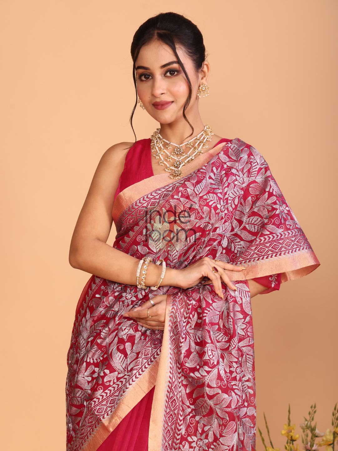 Organza Embroidery Saree With Bright Pink - 102