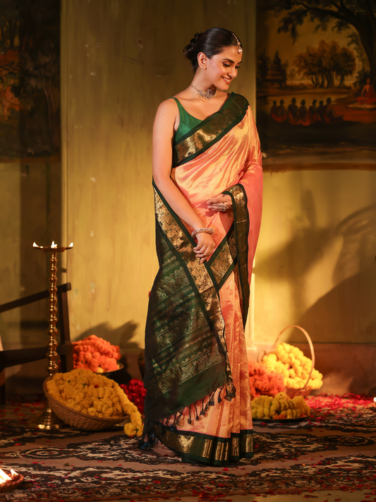 Pure Handloom Korvai Saree | Peach-Pink and Dark Green