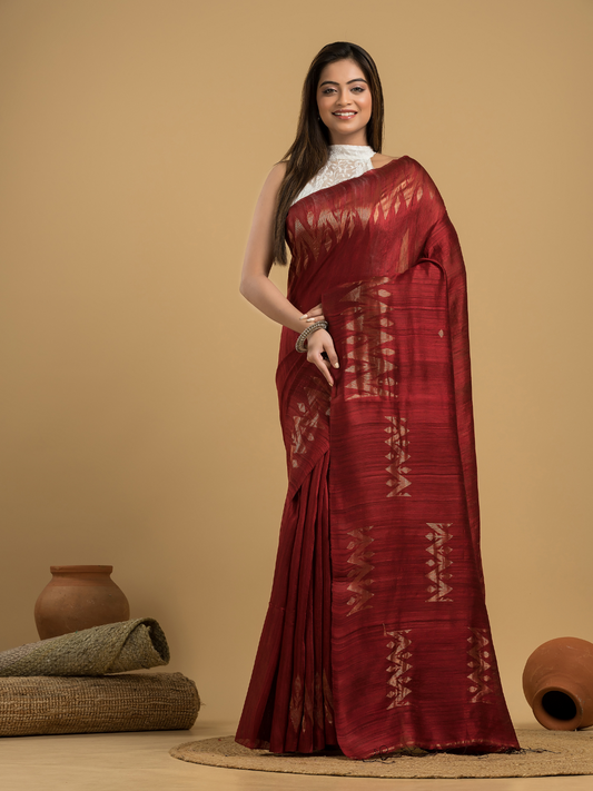 Matka Silk Jamdani Saree  With Blood Red - 084