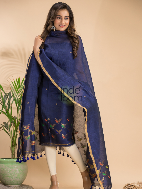 Handwoven Jamdani Cotton Linen Kurti | Steel Blue