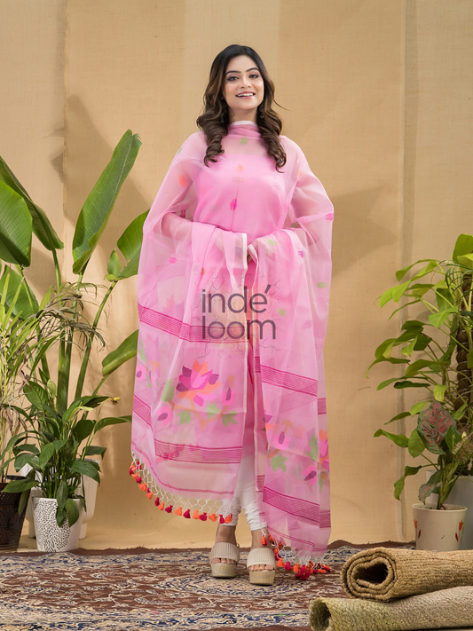 Handwoven Jamdani Muslin Unstitched 2-piece Kurti | Baby Pink