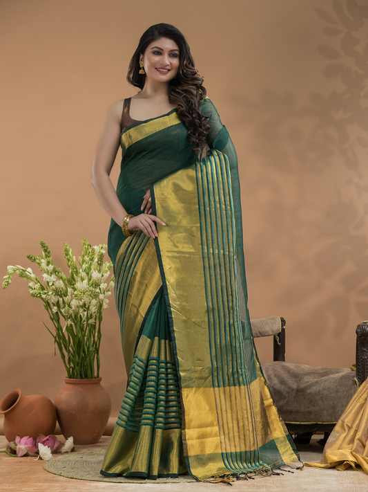 Tissue Silk Saree In Dark Green With Golden Border  -032