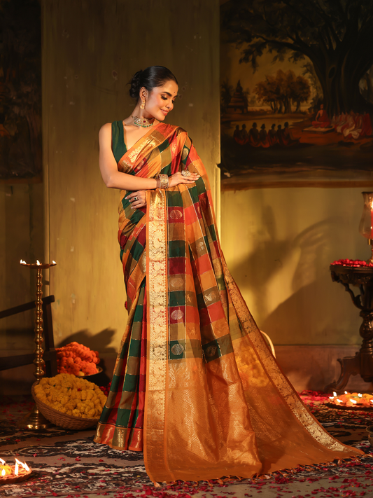 Pure Handloom Korvai Saree | Checks Green, Maroon, Mustard Gold