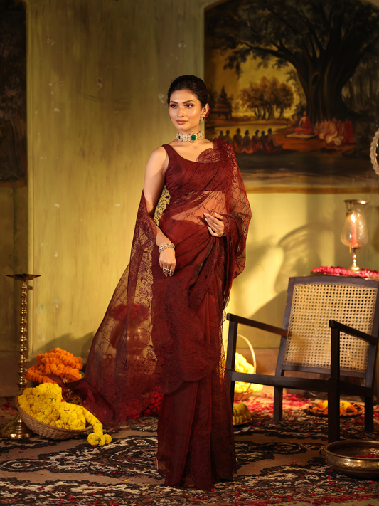 Organza Embroidery Saree With Deep Maroon - 002