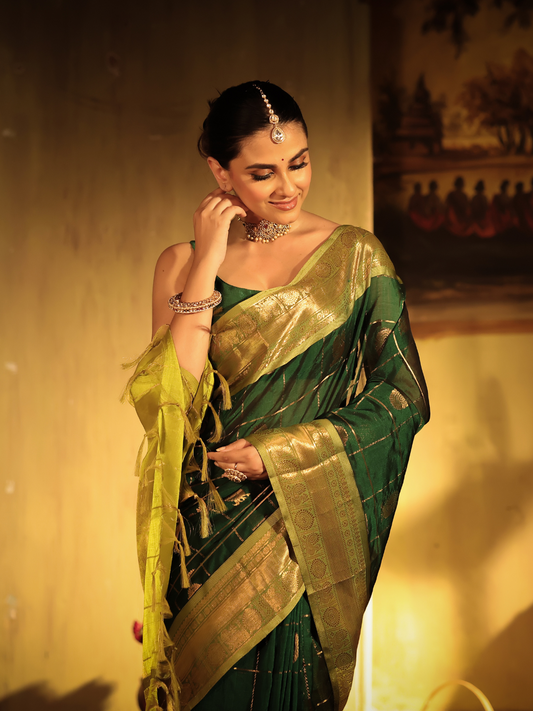 Pure Handloom Korvai Saree | Teal Peacock and Dark Green