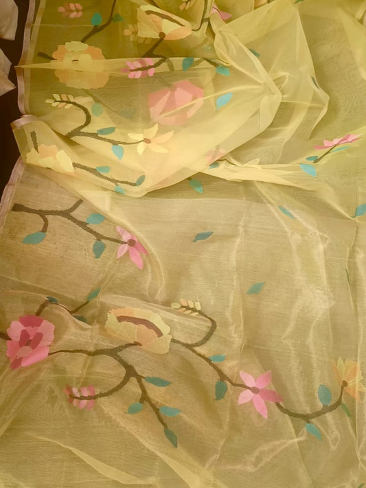 Lemon Yellow Hand Woven Muslin Paithani Jamdani Saree- 106