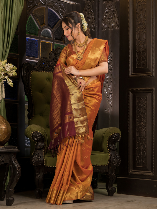 Pure Handloom Korvai Saree | Golden Orange