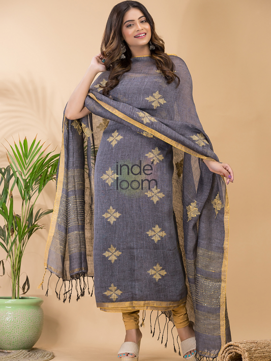 Muted Indigo | Handloom Jamdani Linen Unstitched 2-Piece Kurti