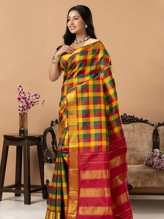 Handloom Kanjivaram Silk Saree | Multicolour Checks
