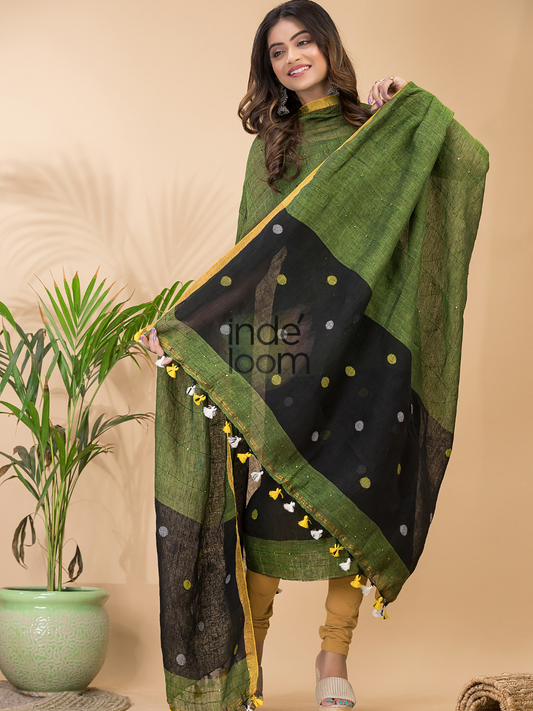 Leaf Olive | Handloom Jamdani Linen Unstitched 2-Piece Kurti