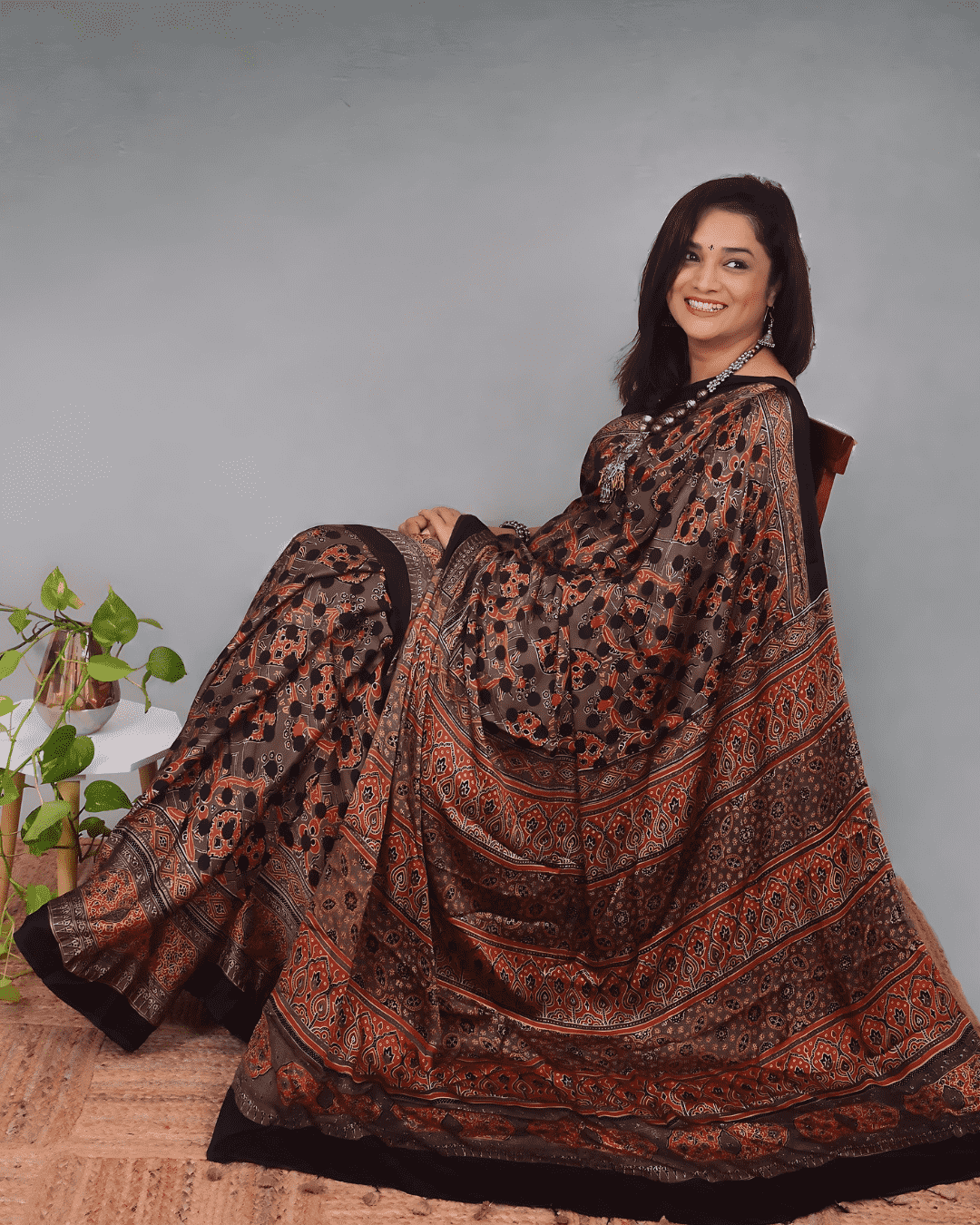 Ajrakh Exclusive Designer Modal Silk in Brick Red and Black - 042 - indeloom