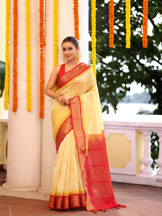 Pure Handloom Korvai Saree | Golden Yellow and Red