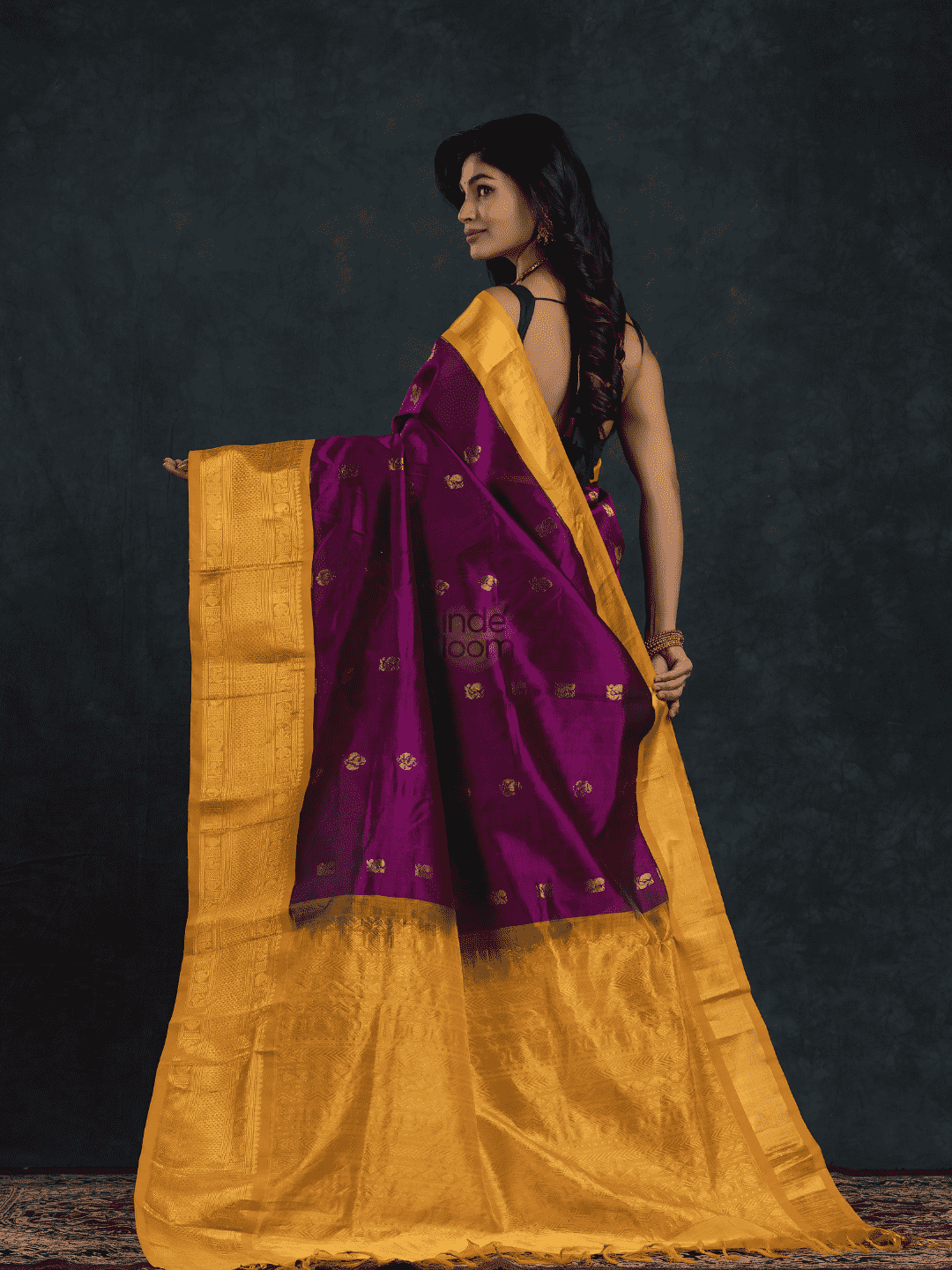 Pure handloom Korvai Silk Cotton Saree in Plum Purple and Golden Yellow Border - 110