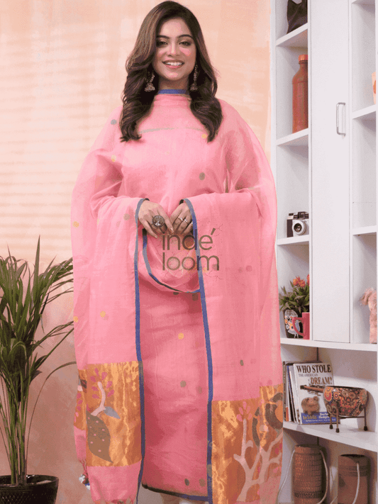 Rose Cloud | Handloom Jamdani Muslin Unstitched 2-Piece Kurti | Paithani Design