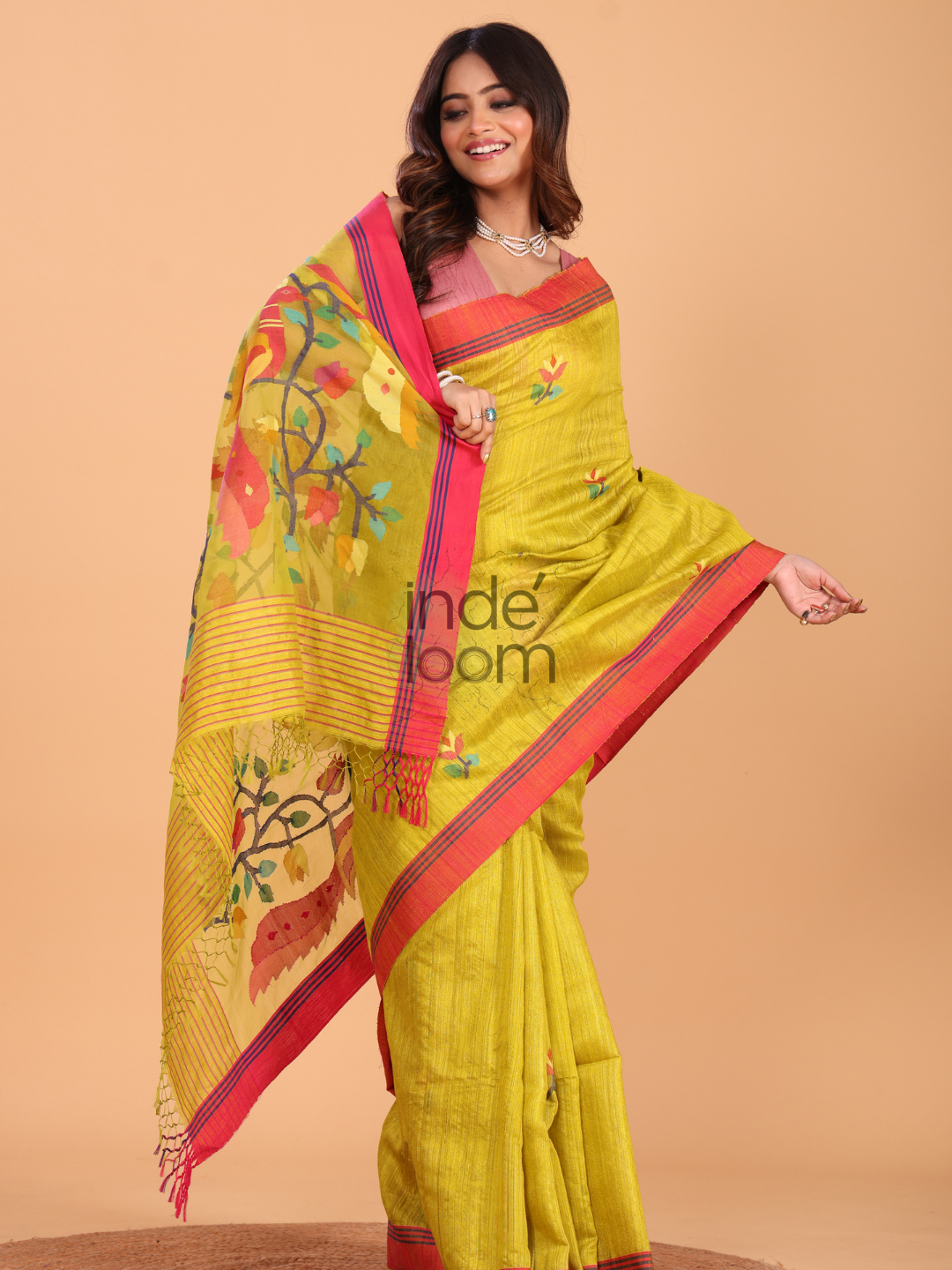 Silk Saree With Neon Yellow - 138