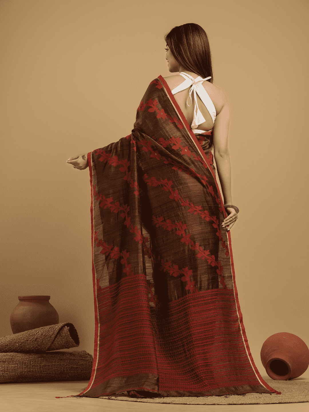 Red Brown Matka Silk Jamdani Saree - 049