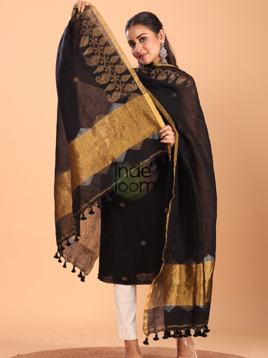 Deep Black | Handloom Jamdani Linen Unstitched 2-Piece Kurti
