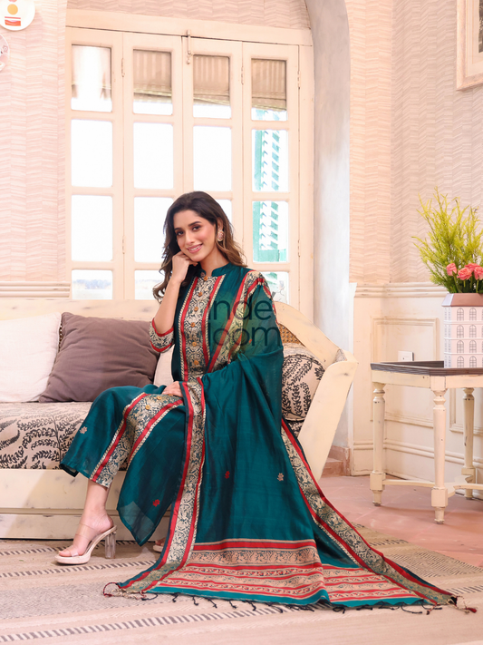 Teal Green | Handloom Jamdani Linen Unstitched 2-Piece Kurti | Baluchari Design