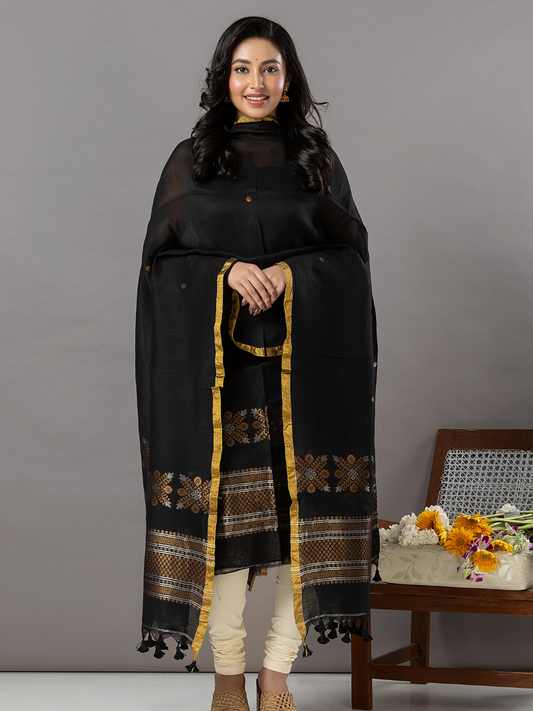 Handwoven Jamdani Linen Unstitched 2-Piece Kurti | Jet Black