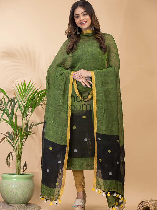 Leaf Olive | Handloom Jamdani Linen Unstitched 2-Piece Kurti