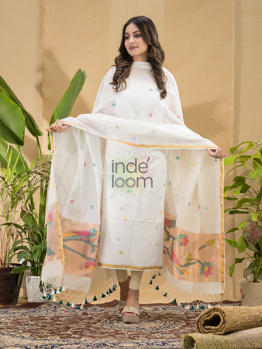 Pure White | Handloom Jamdani Muslin Unstitched 2-Piece Kurti | Paithani Design