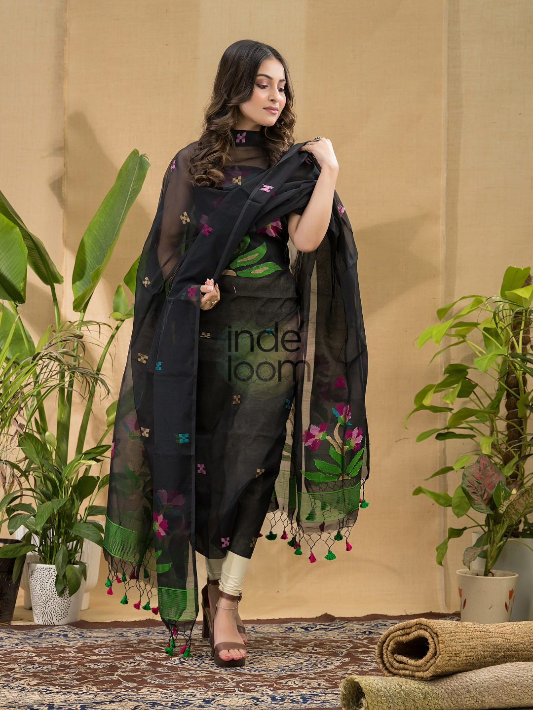 Dark Black Jamdani 2-Piece Set Kurti & Dupatta (UNSTITCHED) -762