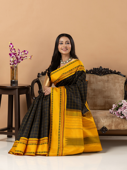 Handloom Kanjivaram Silk Saree | Black Checks