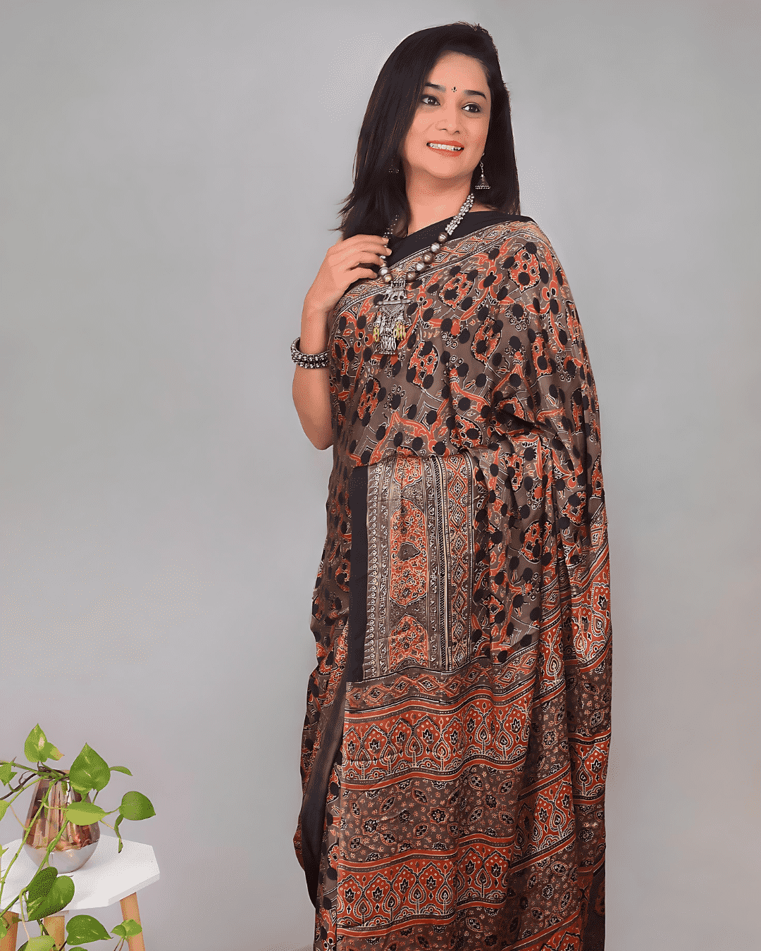 Ajrakh Exclusive Designer Modal Silk in Brick Red and Black - 042 - indeloom