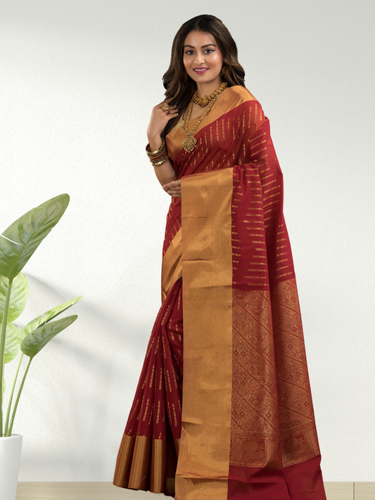 Cherry Red Cotton Silk Saree - 017