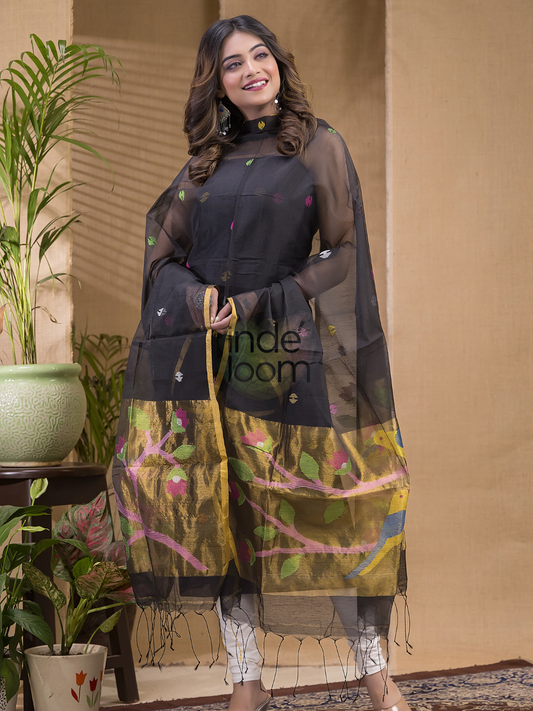 Deep Black | Handloom Jamdani Muslin Unstitched 2-Piece Kurti | Paithani Design
