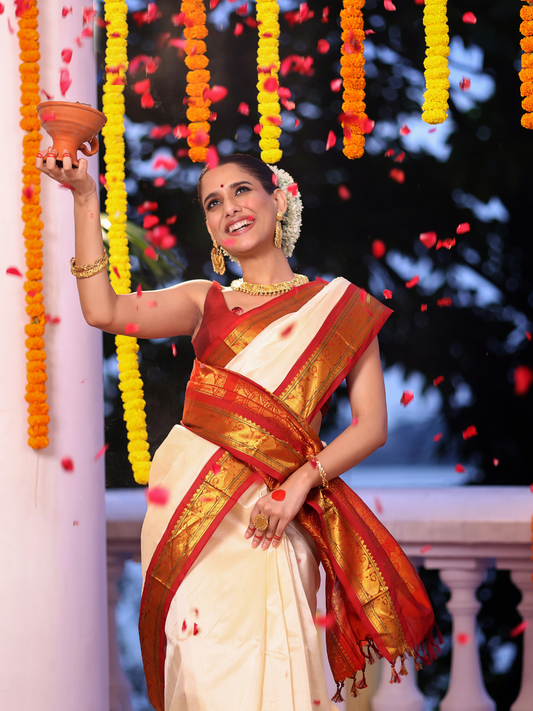 Pure Handloom Korvai Saree | Cream White and Red