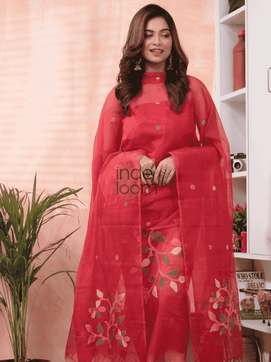 Classic Red Jamdani 2-Piece Set Kurti & Dupatta (UNSTITCHED) -584 - indeloom