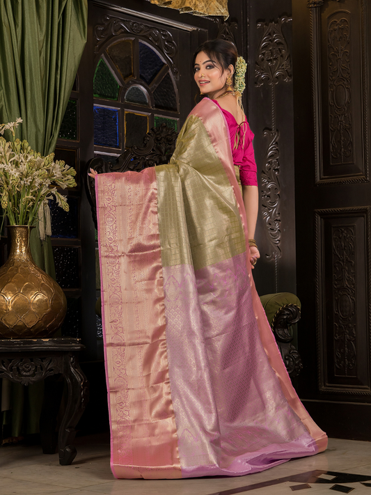 Tulasi  -  Basil green silk with pink-gold border and temple zari