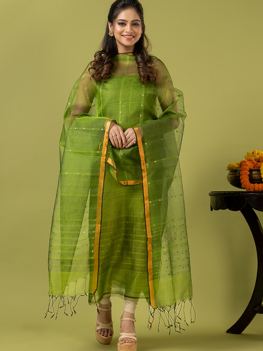 Handwoven Jamdani Muslin Unstitched 2-piece Kurti | Parrot Green