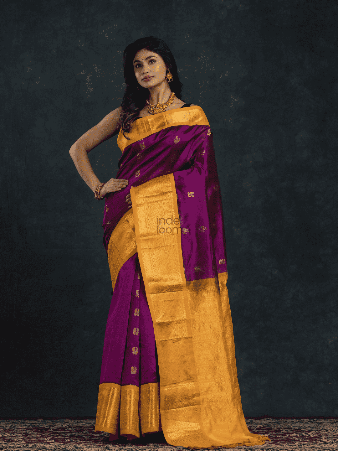 Pure handloom Korvai Silk Cotton Saree in Plum Purple and Golden Yellow Border - 110