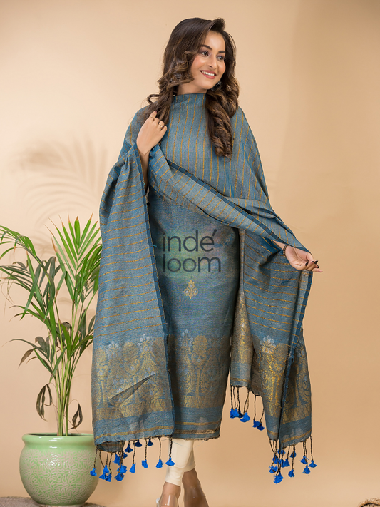 Dusty Aqua | Handloom Jamdani Linen Unstitched 2-Piece Kurti | Benaras Design