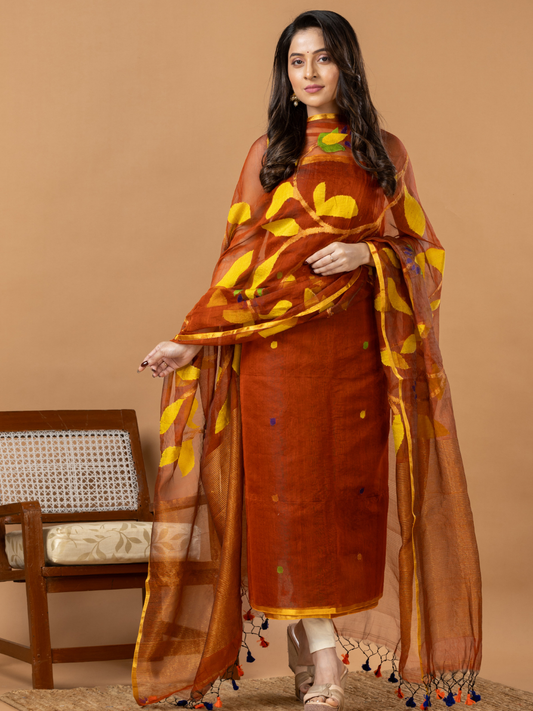 Handwoven Jamdani Muslin Unstitched 2-Piece Kurti | Rust Orange