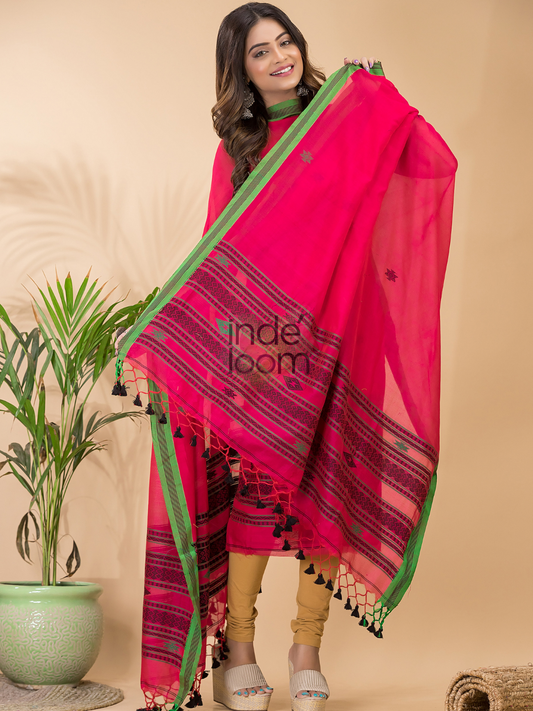 Bright Pink | Handloom Jamdani Mercerised-Cotton Unstitched 2-Piece Kurti | Bhujodi Design