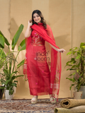 Cherry Red Jamdani 2-Piece Set Kurti & Dupatta (UNSTITCHED) -759