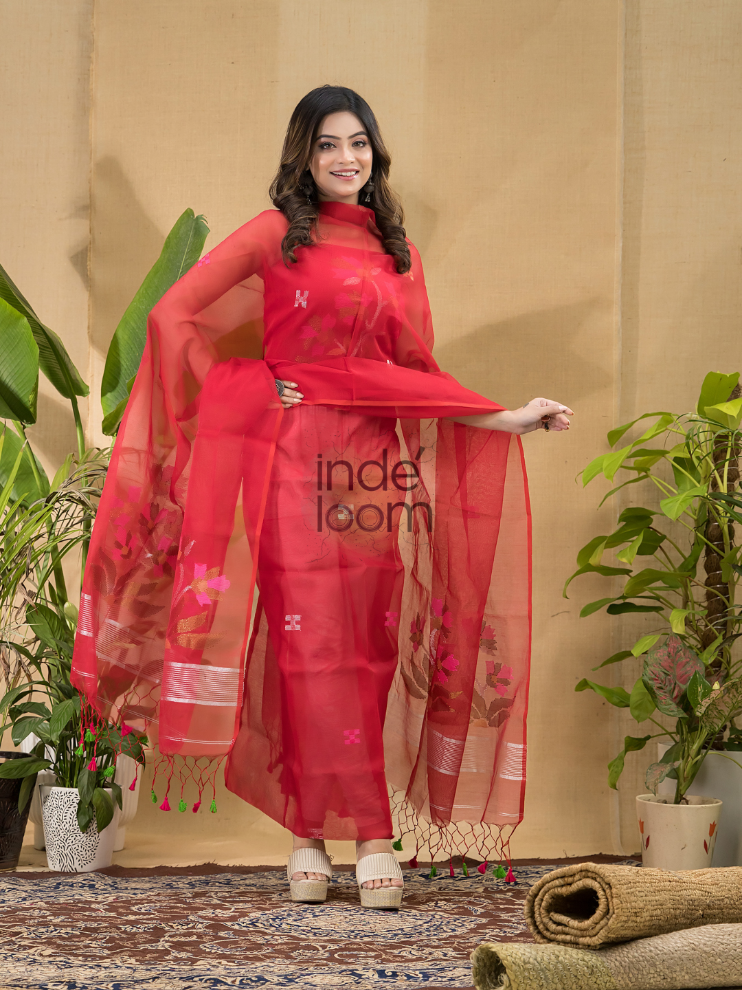 Cherry Red Jamdani 2-Piece Set Kurti & Dupatta (UNSTITCHED) -759
