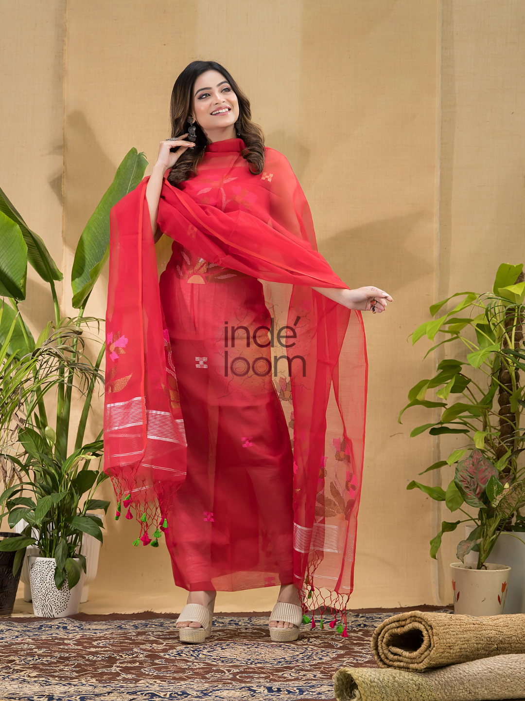 Cherry Red Jamdani 2-Piece Set Kurti & Dupatta (UNSTITCHED) -759