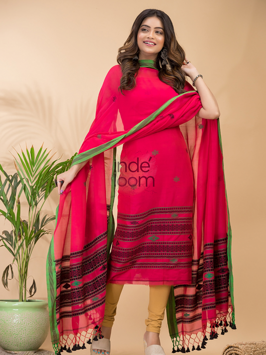 Bright Pink | Handloom Jamdani Mercerised-Cotton Unstitched 2-Piece Kurti | Bhujodi Design