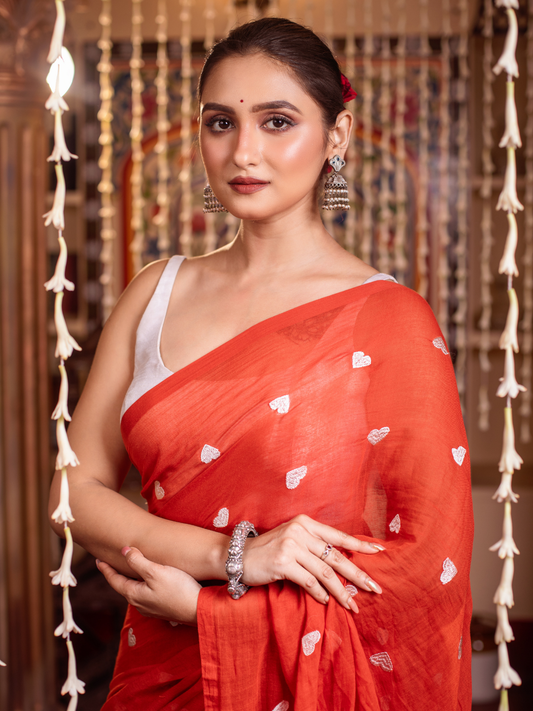 Handloom Mul Cotton Saree With White Hearts In Red  - 058