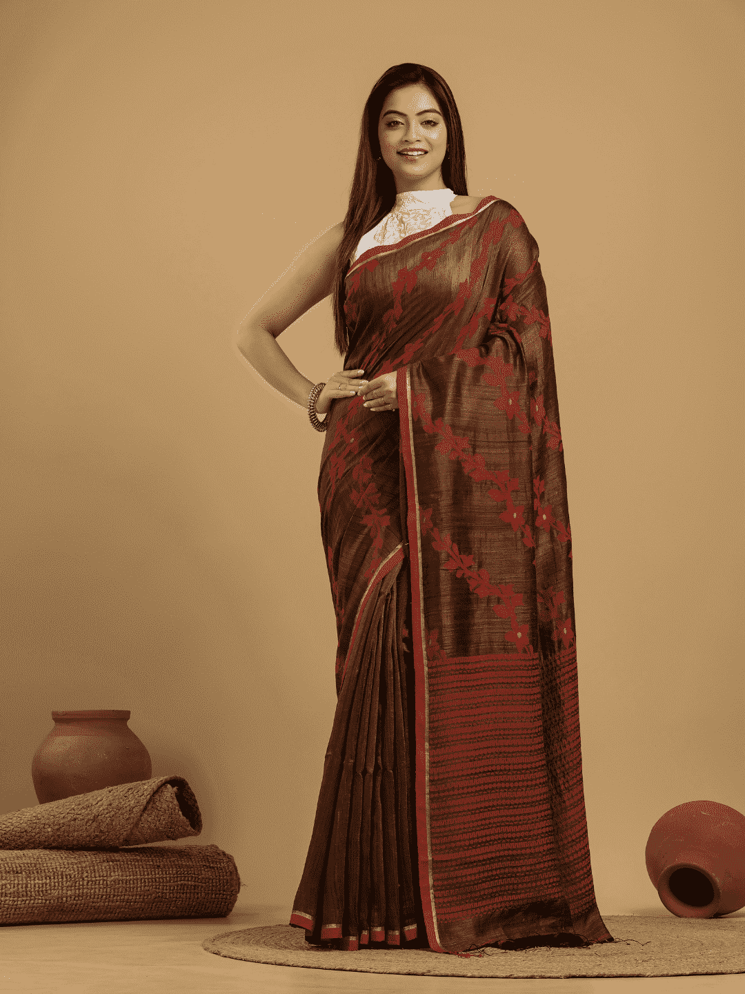 Red Brown Matka Silk Jamdani Saree - 049