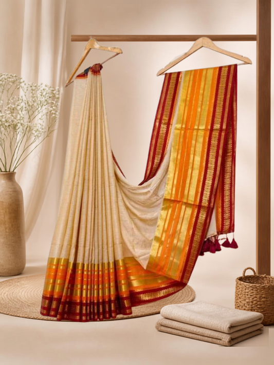 Pure Handloom Mul Cotton Saree | Linen White
